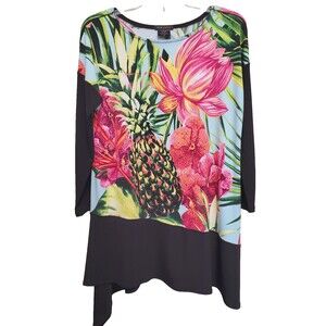 Eva Varro Floral Tropical Pineapple Asymmetric Hem Tunic Size Medium Lagenlook